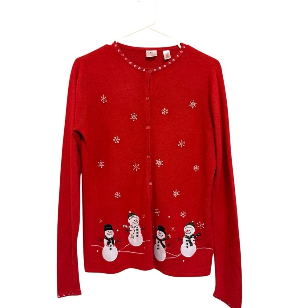 2/$30 Wish for Joy - Red Snowman Christmas Holiday Cardigan Sweater Winter Top